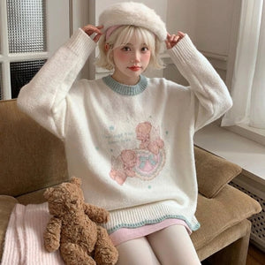 kawaii oversized bear pullover sweater cream pastel mint harajuku sweet sitting model