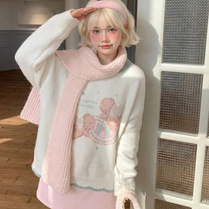 kawaii cream sweater bear print harajuku sweet style model with pink knit scarf front view