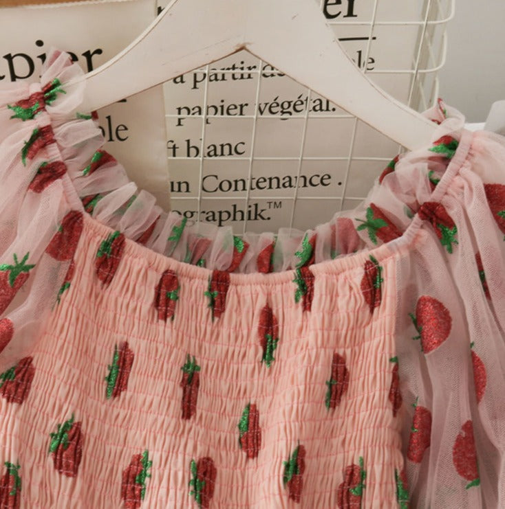 chiffon strawberry dress Strawberry Cottagecore Dress Women French Style Lace Chiffon Elegant Kawaii