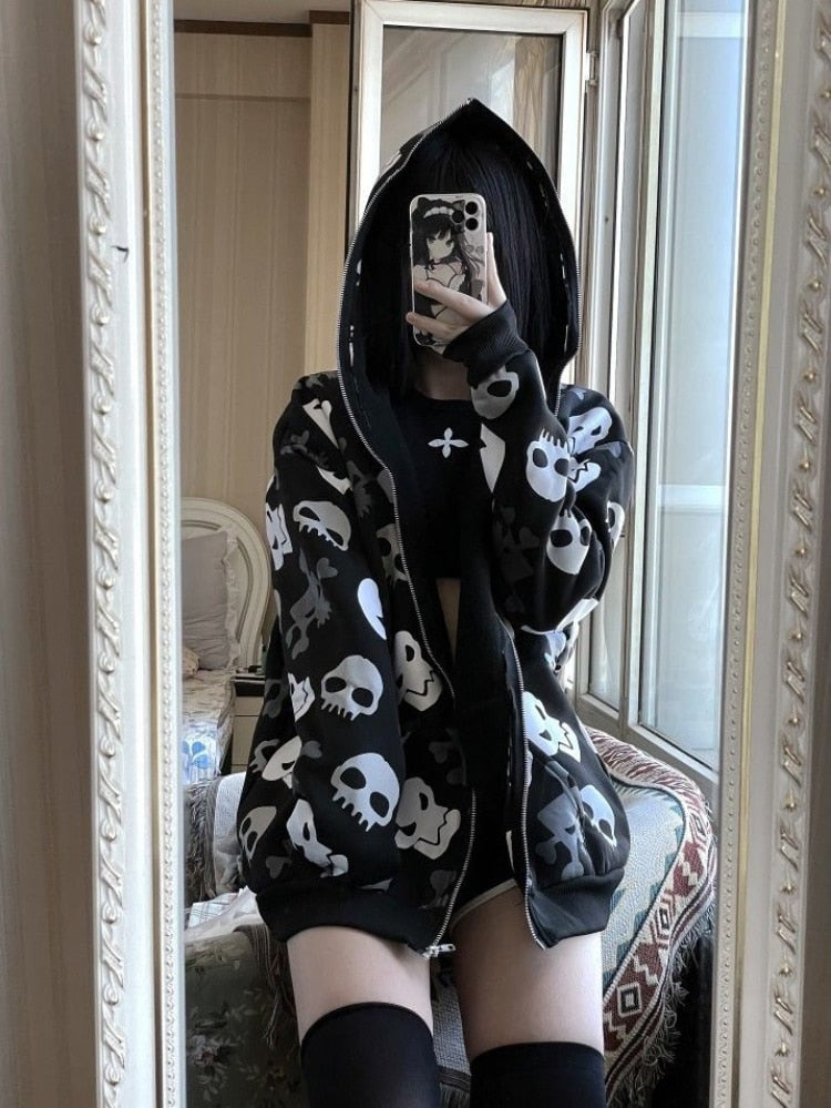 Cozy Skull Zip Up Oversized Hoodie