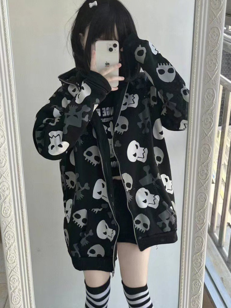 Cozy Skull Zip Up Oversized Hoodie