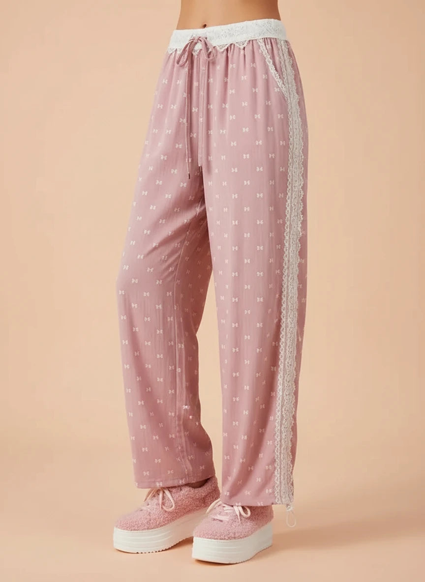Pink Bow Lace Wide Leg Pants