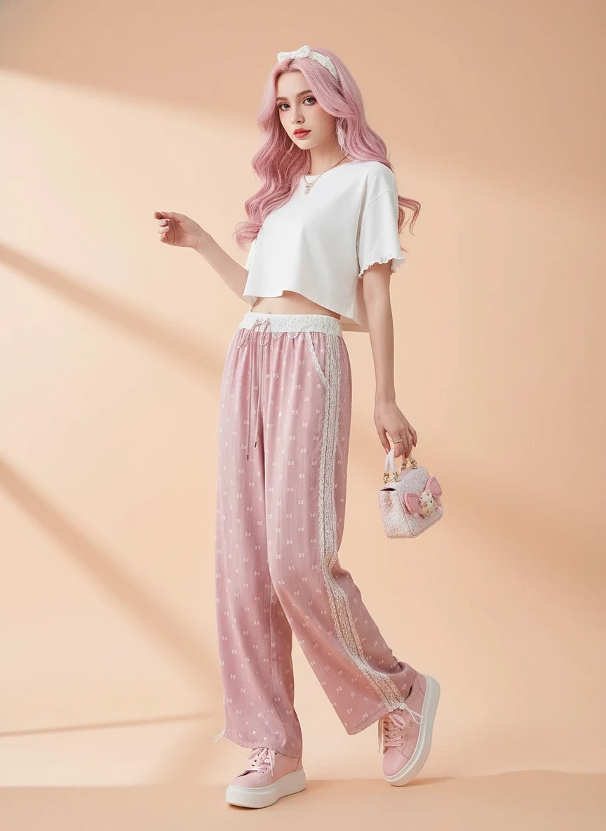 Pink Bow Lace Wide Leg Pants