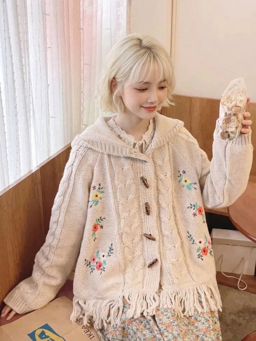 kawaii cottagecore knit cardigan cream beige floral embroidery tassel fringe wooden toggle buttons side view