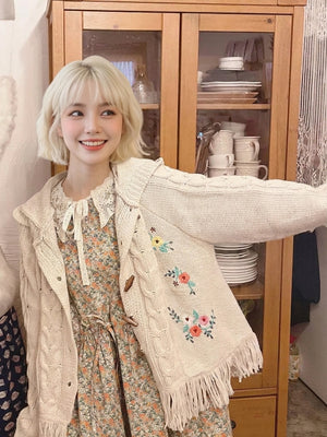 kawaii mori girl floral embroidery cardigan beige tassel hem lace-up hood full length model