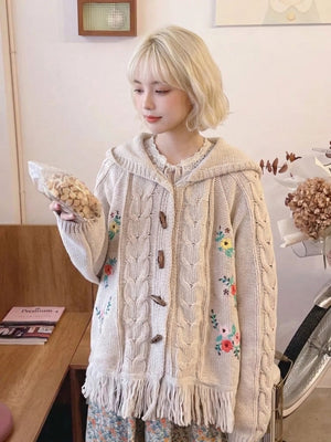 kawaii cottagecore hooded knit cardigan cream beige floral embroidery toggle buttons casual model