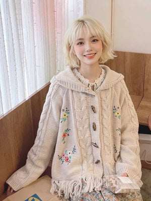 kawaii cottagecore floral embroidery hooded knit cardigan cream beige tassel hem front view model