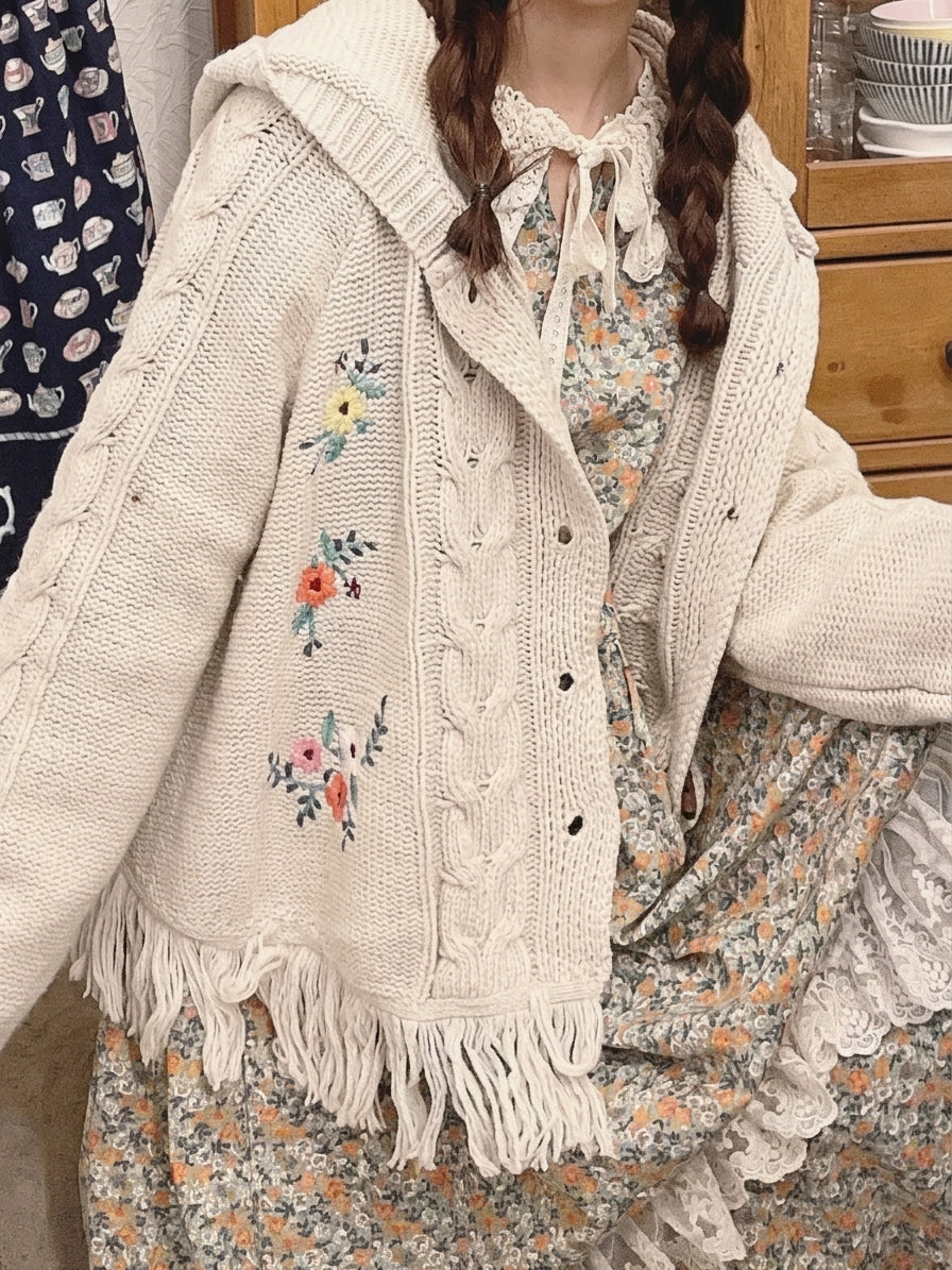 kawaii mori girl cable knit cardigan cream beige floral embroidery tassel fringe close-up detail