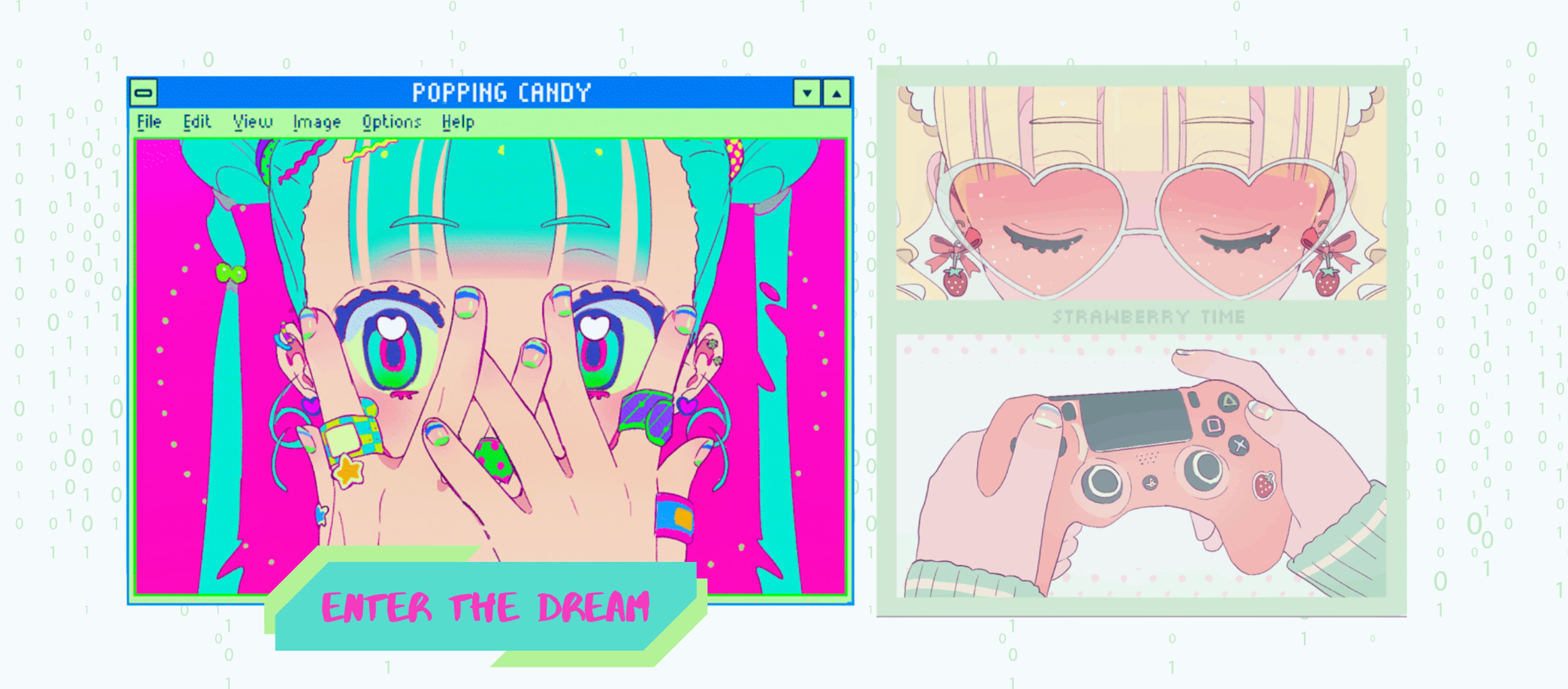 anime girl with turquoise hair and heart-shaped eyes in a retro pop-up window – Enter the Kawaii Dream by Enchanted Peach
