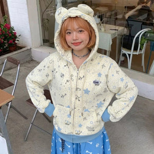kawaii bear ear hood zip-up hoodie cartoon print yellow blue full body harajuku style