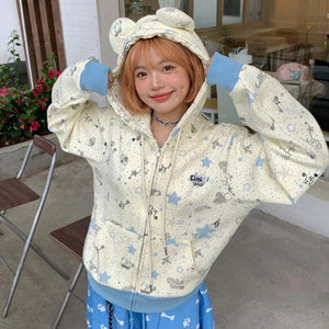kawaii bear ear zip-up hoodie star cartoon print light yellow blue harajuku front view model