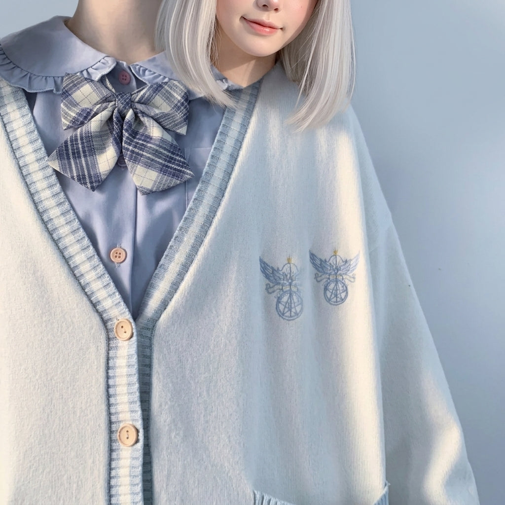 kawaii knit cardigan blue angel embroidery chest detail close up sweet lolita