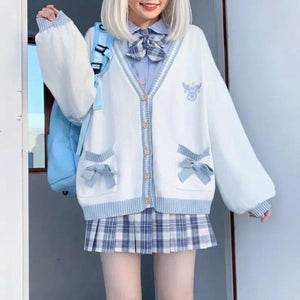 kawaii blue bow knit cardigan harajuku sweet lolita outfit front full view