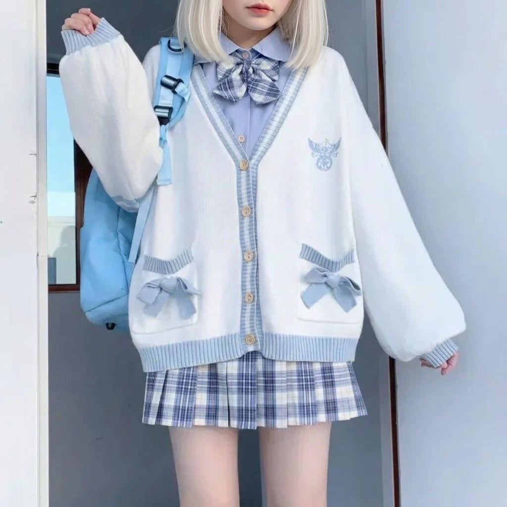 kawaii knit cardigan blue bow pockets angel embroidery harajuku full outfit view