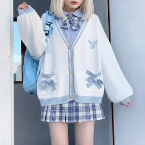 kawaii knit cardigan blue bow pockets angel embroidery harajuku full outfit view