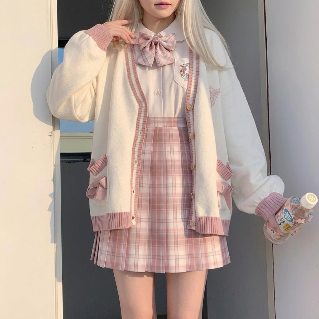 kawaii knit cardigan pink bow pockets embroidery chest detail harajuku close up