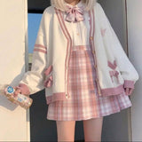 kawaii pink bow knit cardigan harajuku sweet outfit front view sunlit
