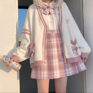 kawaii pink bow knit cardigan harajuku sweet outfit front view sunlit