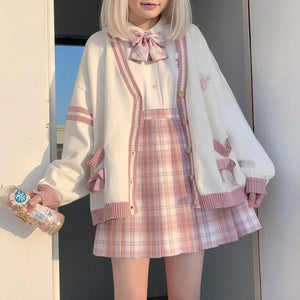 kawaii knit cardigan pink bow embroidery harajuku sweet lolita outfit full view