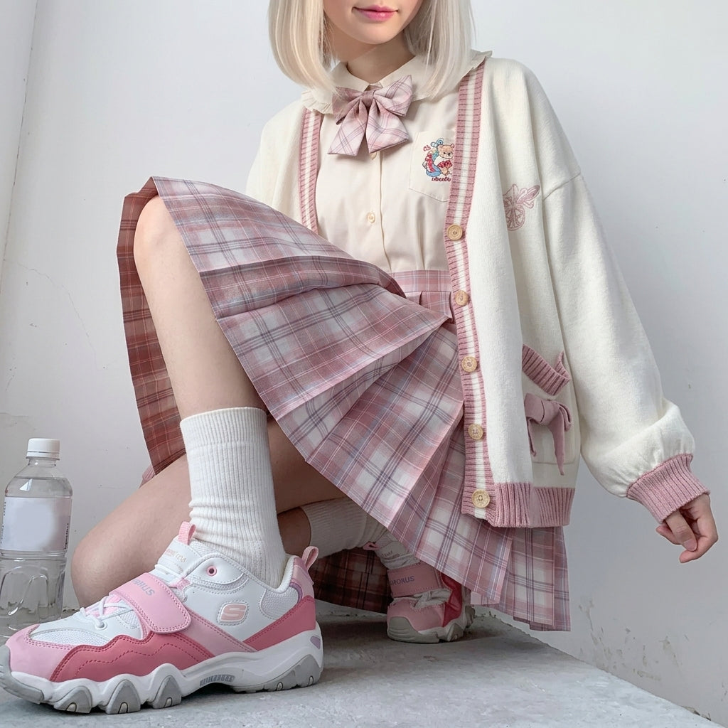 kawaii knit cardigan pink bow harajuku pleated skirt detail close up