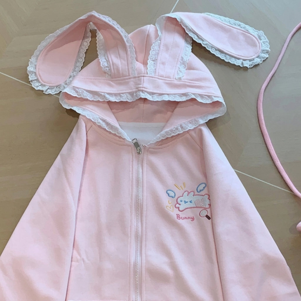 kawaii pink lace bunny ear hoodie flat lay close-up hood detail cutecore