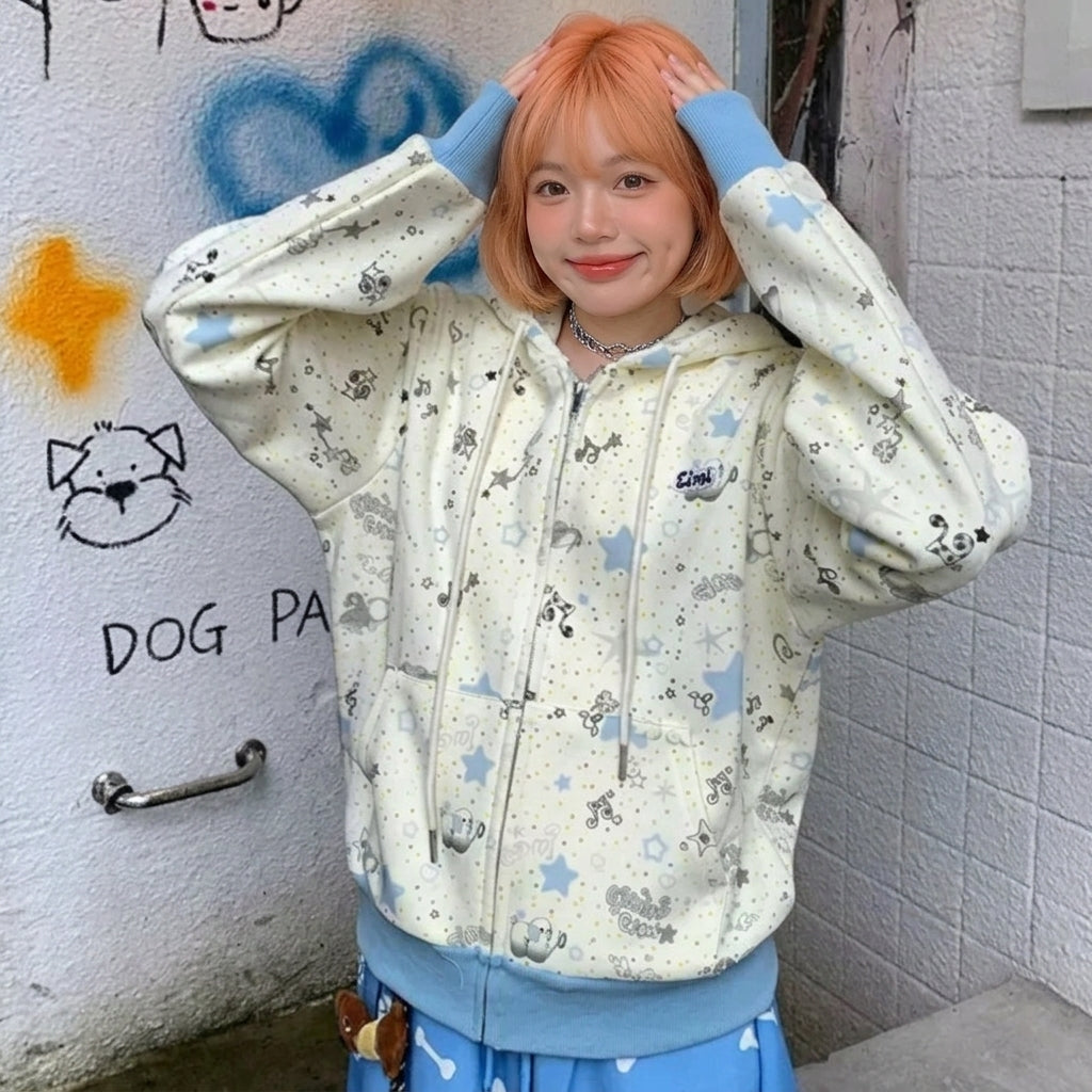 kawaii cartoon print zip-up hoodie light yellow harajuku cutecore model hands on head pose