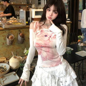 kawaii cat print lace-up shoulder top white slim fit sweet lolita aesthetic front view