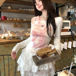 sweet lolita kawaii cat print off-shoulder top white full outfit café setting