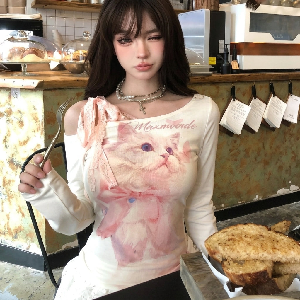 kawaii cat print slim top white off-shoulder lace ribbon harajuku style side view