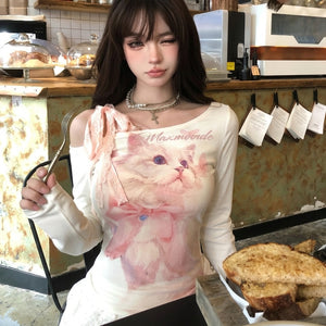 kawaii cat print slim top white off-shoulder lace ribbon harajuku style side view