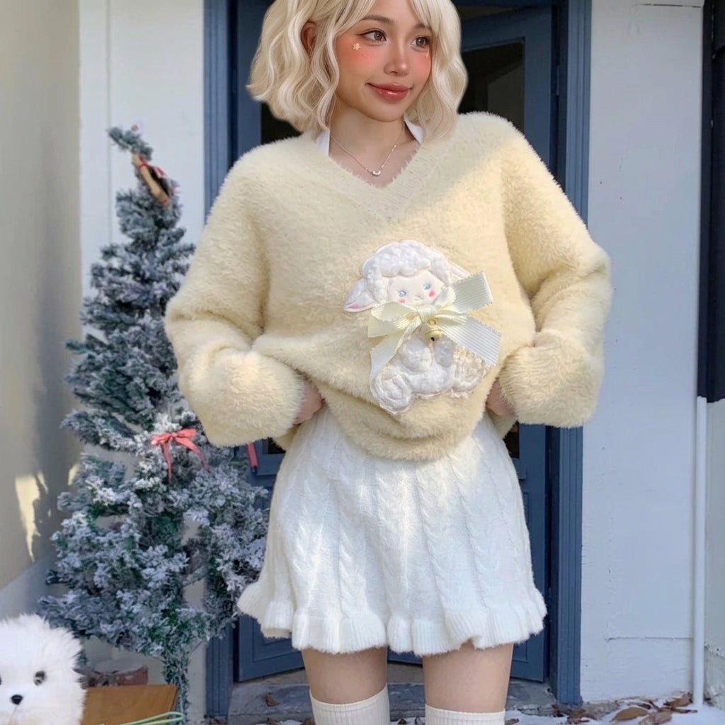kawaii cream fluffy knit sweater lamb bow detail christmas outdoor full body
