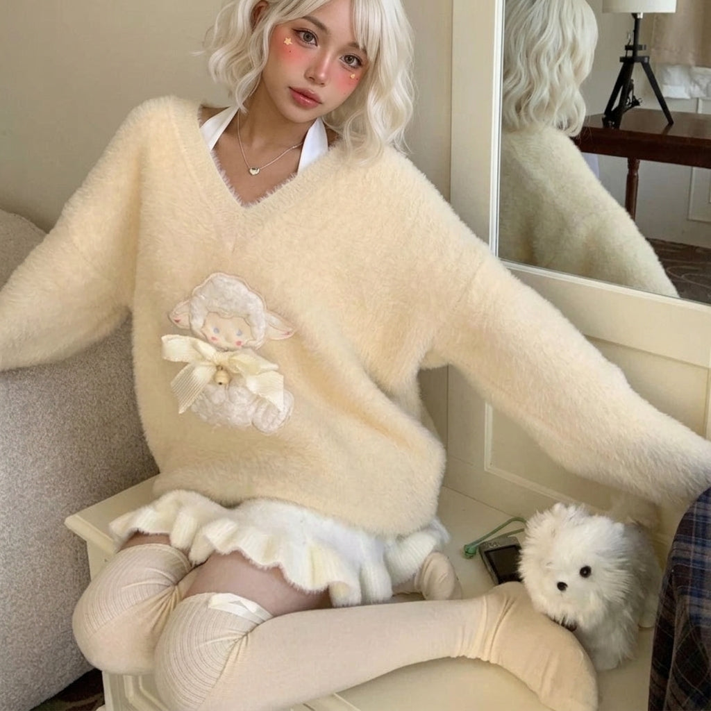 kawaii fluffy cream sweater lamb bow appliqué oversized knit seated view