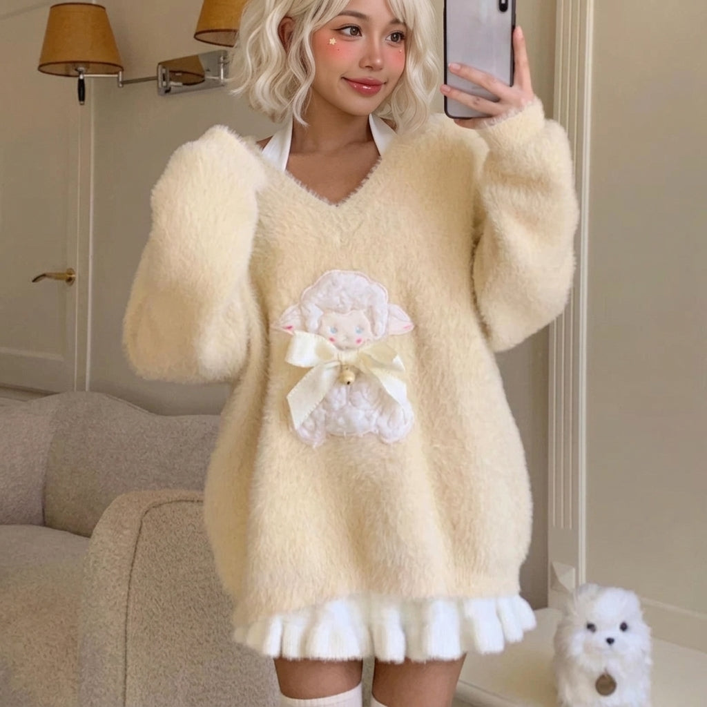 kawaii oversized cream fluffy knit sweater lamb appliqué bow mirror selfie