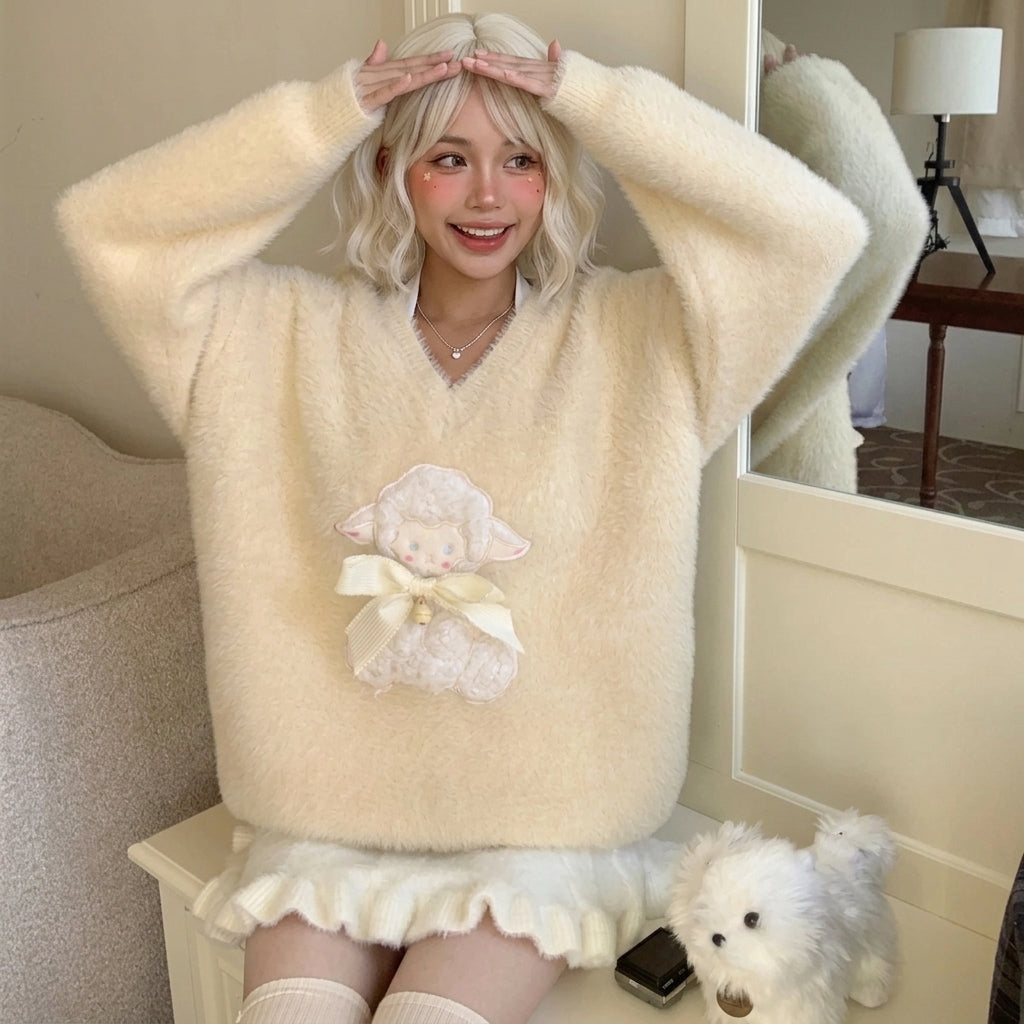 kawaii oversized cream fluffy sweater lamb appliqué front detail smiling model