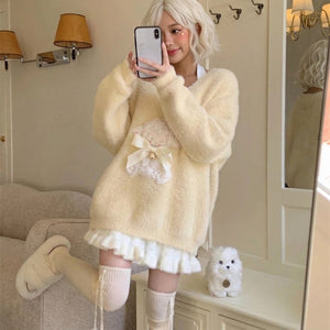kawaii cream fluffy knit oversized sweater lamb bow mirror selfie full length