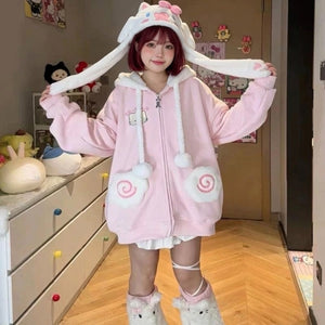 kawaii pink zip hoodie cat embroidery fluffy swirl pockets harajuku cutecore front view