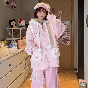 kawaii pink zip hoodie fluffy swirl pockets full body outfit harajuku cutecore styled look