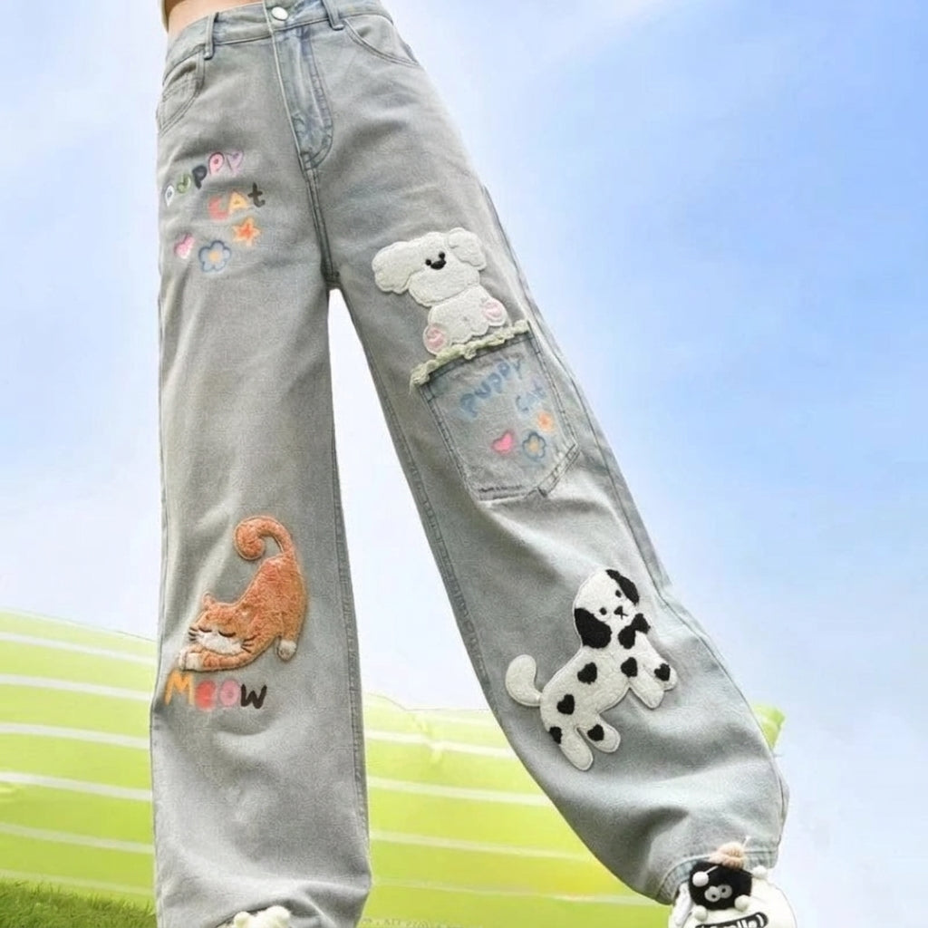 kawaii embroidery denim jeans cat dog patches meow detail wide leg blue outdoor close up