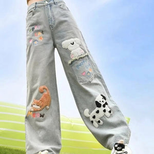 kawaii embroidery denim jeans cat dog patches meow detail wide leg blue outdoor close up