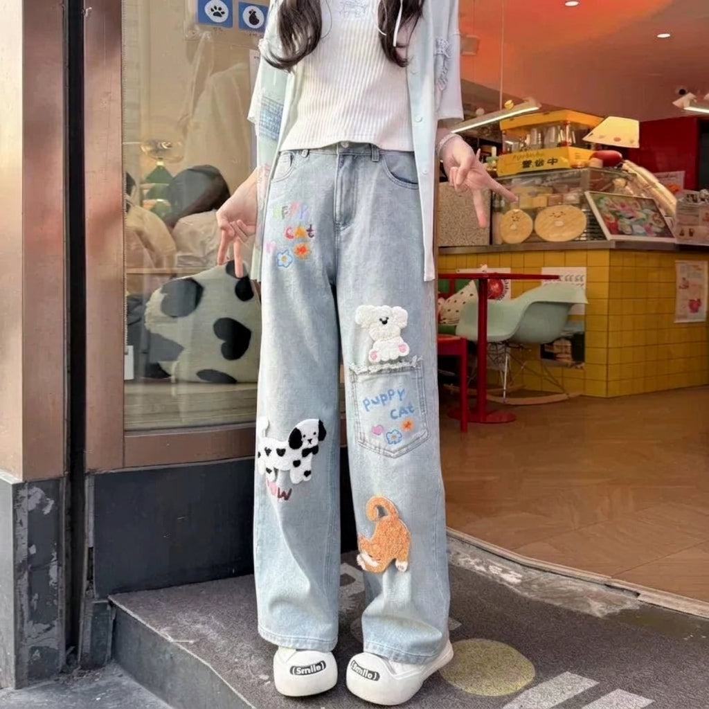 kawaii embroidery jeans dalmatian puppy cat patches wide leg light blue denim front detail view