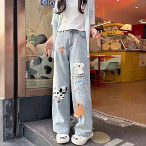 kawaii embroidery jeans dalmatian puppy cat patches wide leg light blue denim front detail view