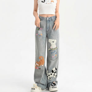 kawaii puppy cat embroidery jeans light blue high waist wide leg denim full front view