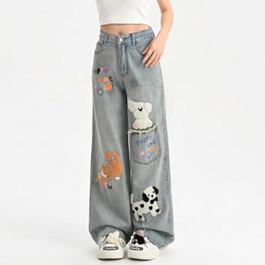 kawaii wide leg jeans dalmatian cat embroidery patches harajuku denim outfit full length view