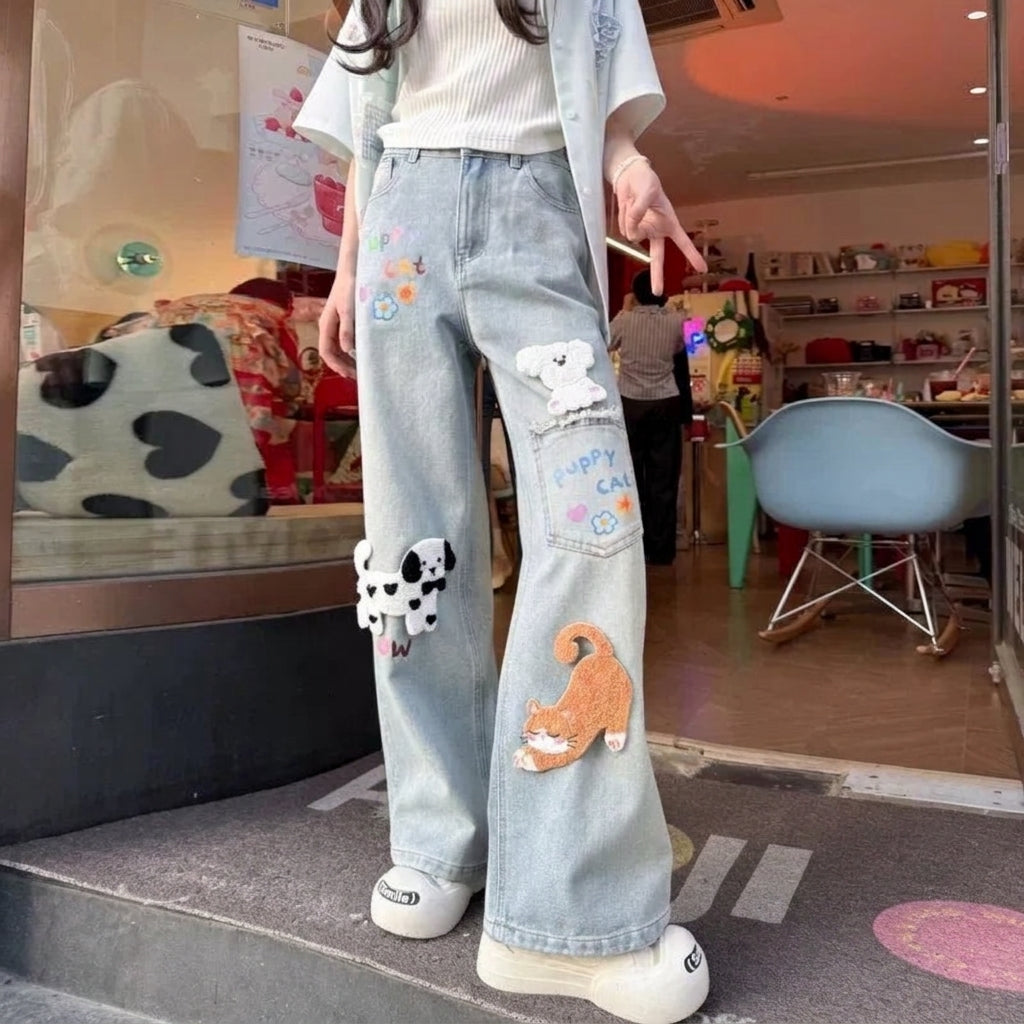 kawaii wide leg denim jeans fluffy animal embroidery patches harajuku cutecore side view