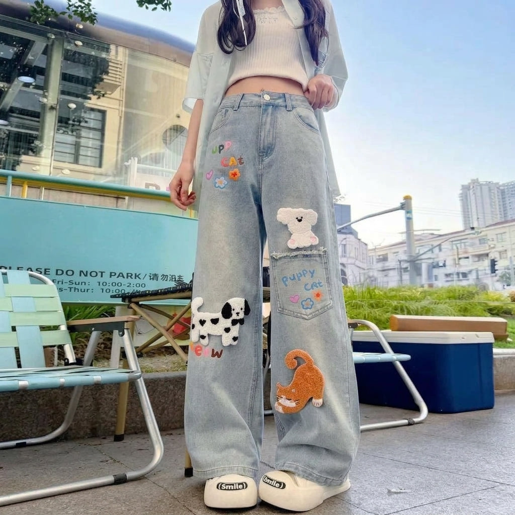 kawaii wide leg jeans puppy cat embroidery patches light blue denim harajuku cutecore front view
