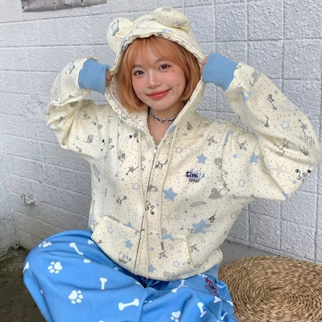 kawaii star print zip-up hoodie light yellow blue relaxed fit seated casual harajuku look