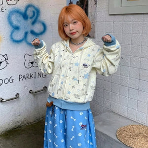 kawaii zip-up hoodie star puppy print light yellow blue contrast cuffs street style model