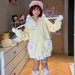 kawaii yellow zip hoodie long pom drawstrings swirl pockets cutecore harajuku arms spread view