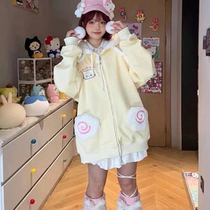 kawaii yellow zip hoodie cat embroidery fluffy swirl pockets cutecore harajuku front view