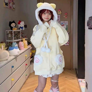 kawaii yellow zip hoodie bear ear hood fluffy pockets cutecore harajuku oversized model view